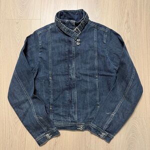 Vintage DKNY Belt Buckle Moto Collar Denim Jacket Womens Medium Large Y2K